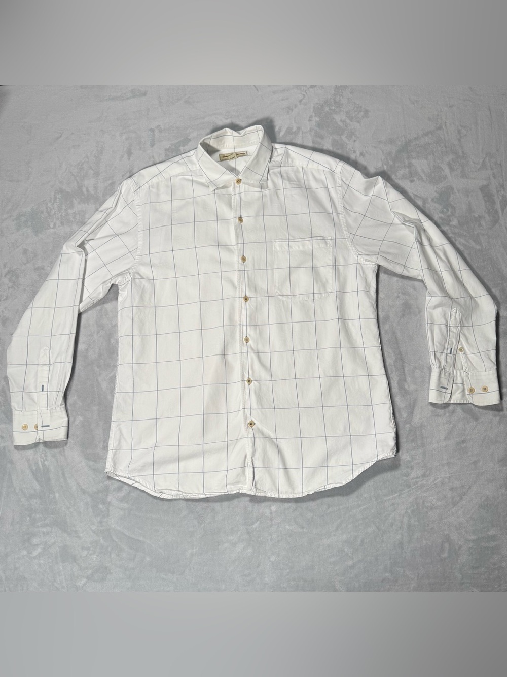 Tommy Bahama Men’s Large White Blue Windowpane Plaid Cotton Shirt L